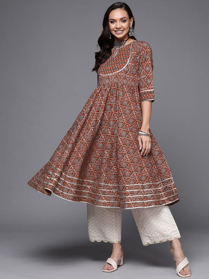 Maroon Printed Cotton Anarkali Kurta