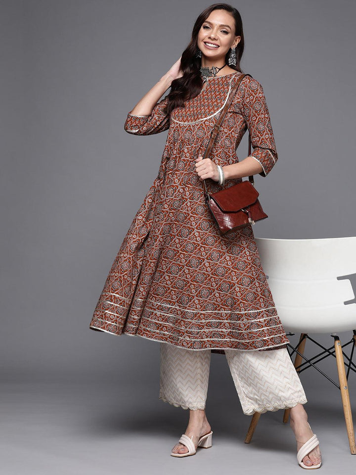 Maroon Printed Cotton Anarkali Kurta