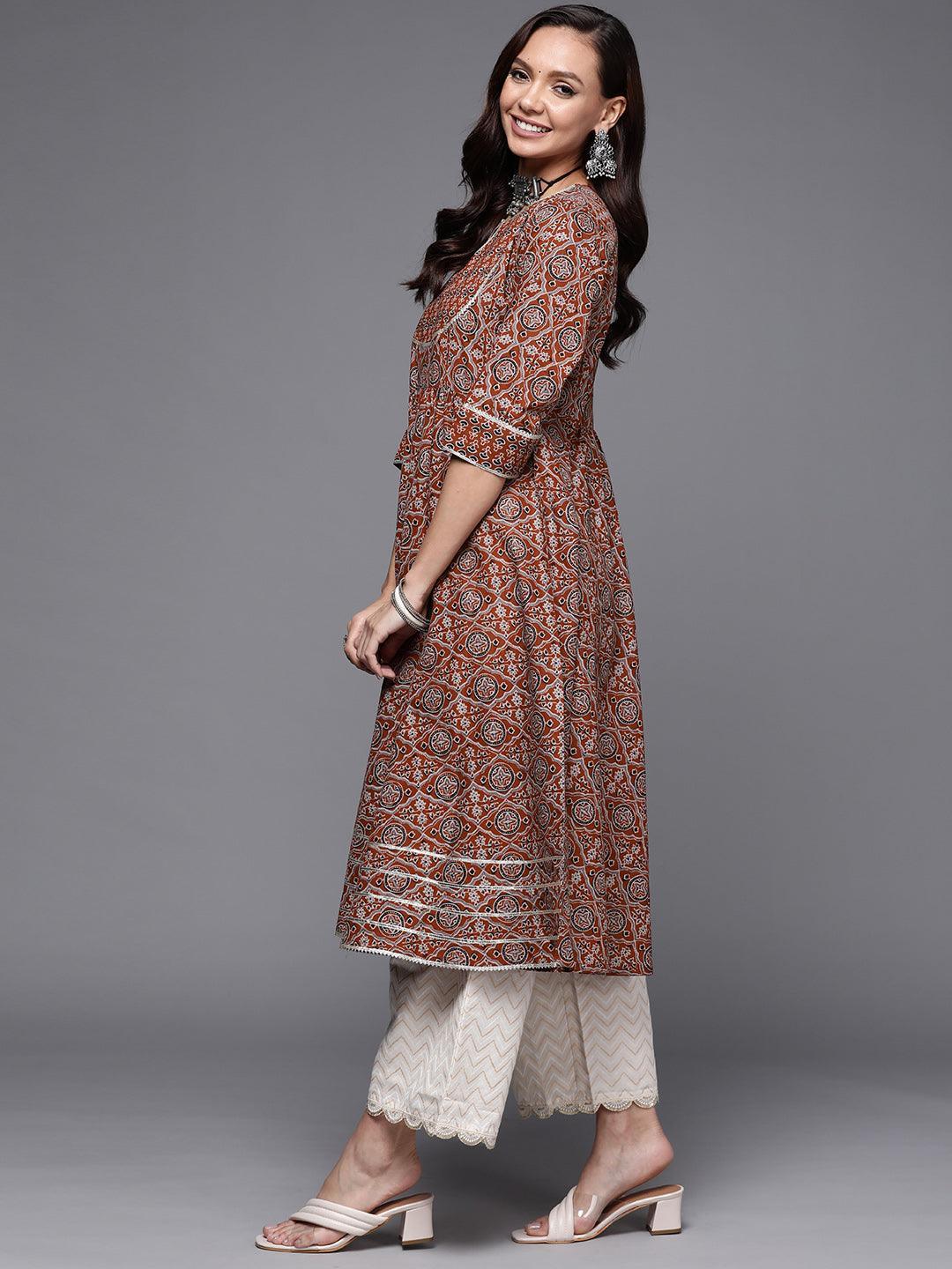 Maroon Printed Cotton Anarkali Kurta - ShopLibas