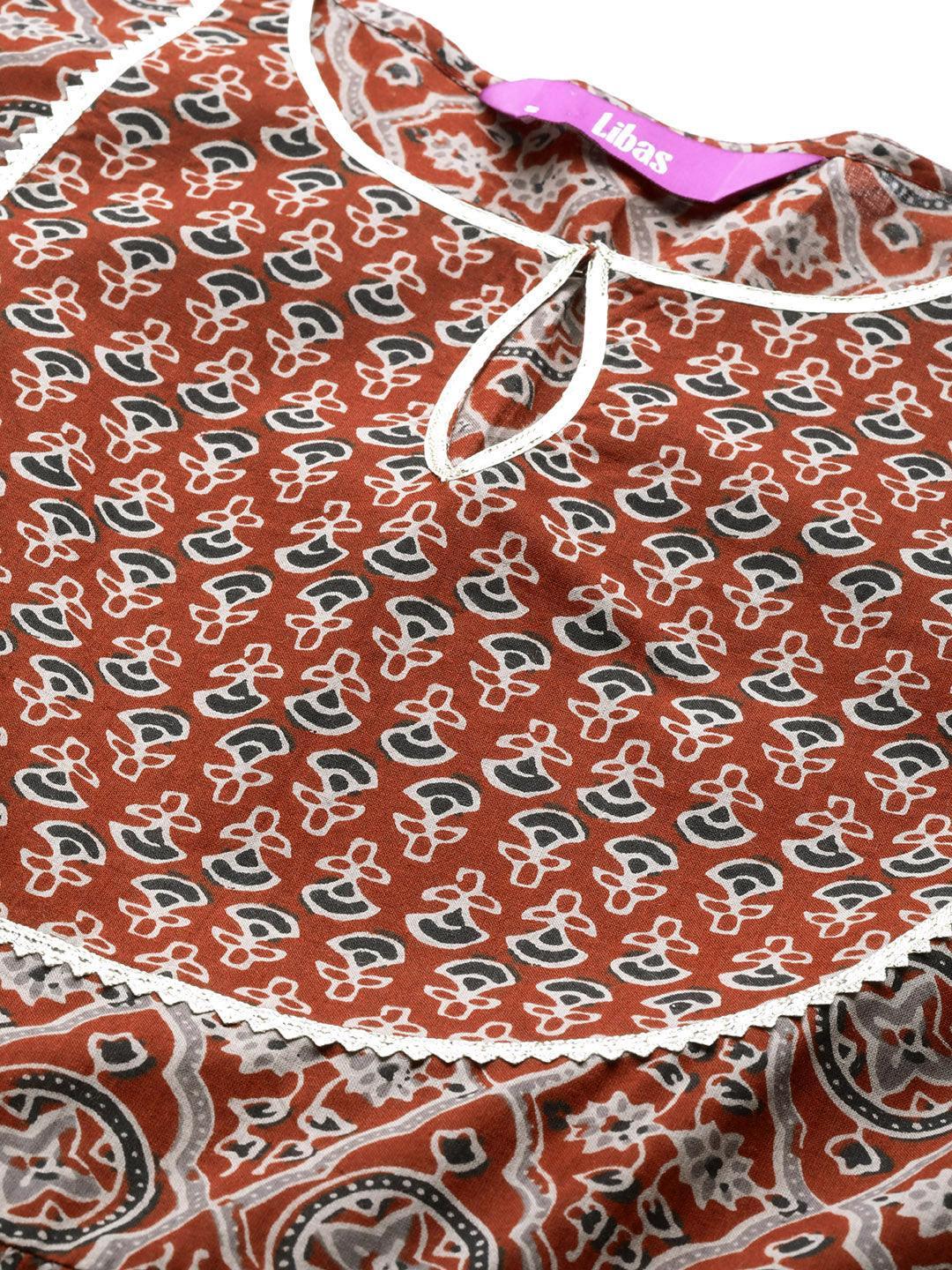 Maroon Printed Cotton Anarkali Kurta - ShopLibas