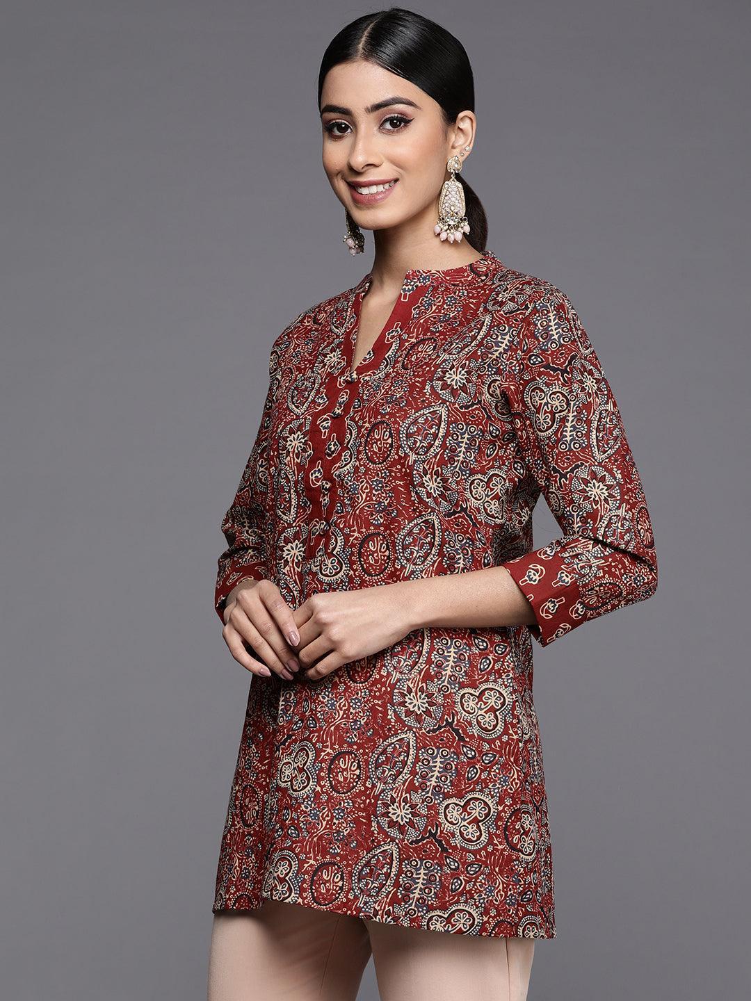 Maroon Printed Cotton Straight Kurti - ShopLibas