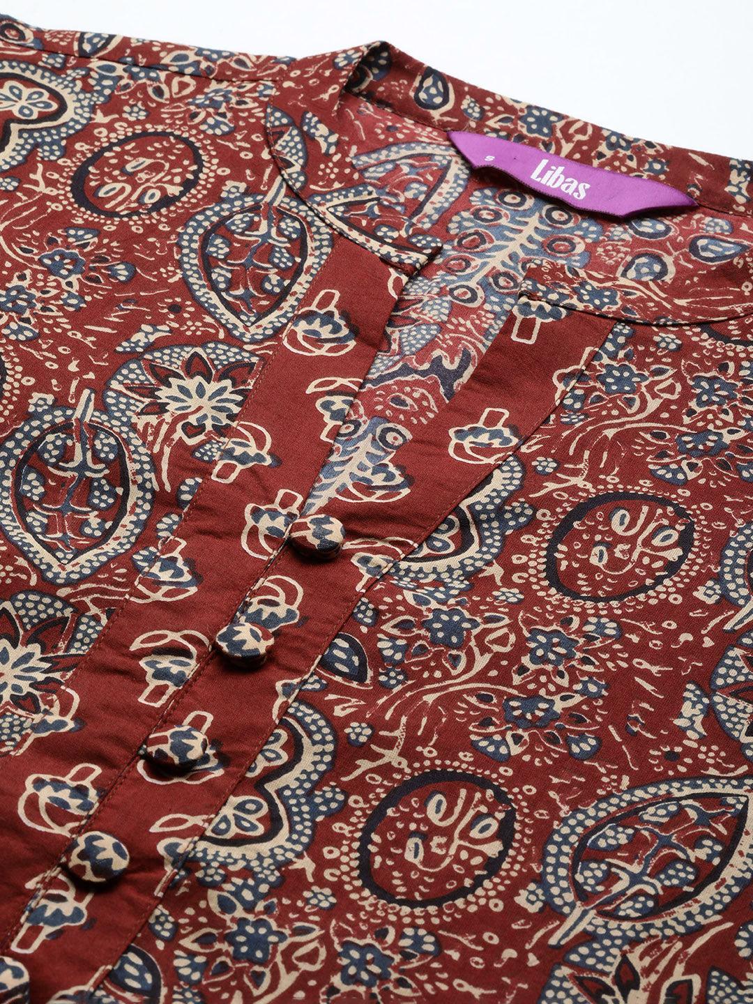 Maroon Printed Cotton Straight Kurti - ShopLibas