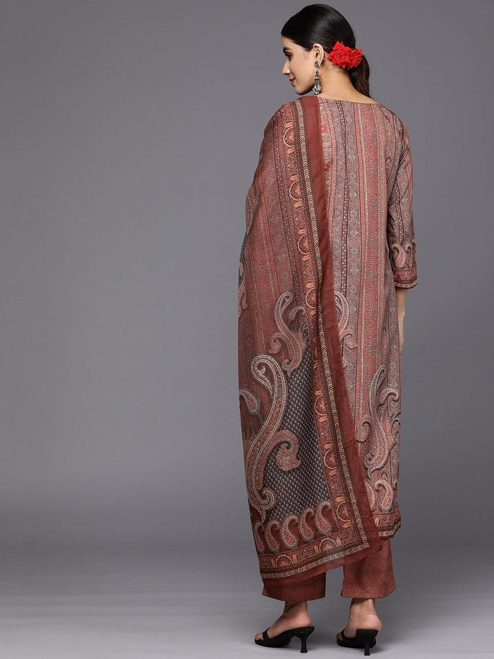 Maroon Printed Crepe Straight Suit Set With Trousers