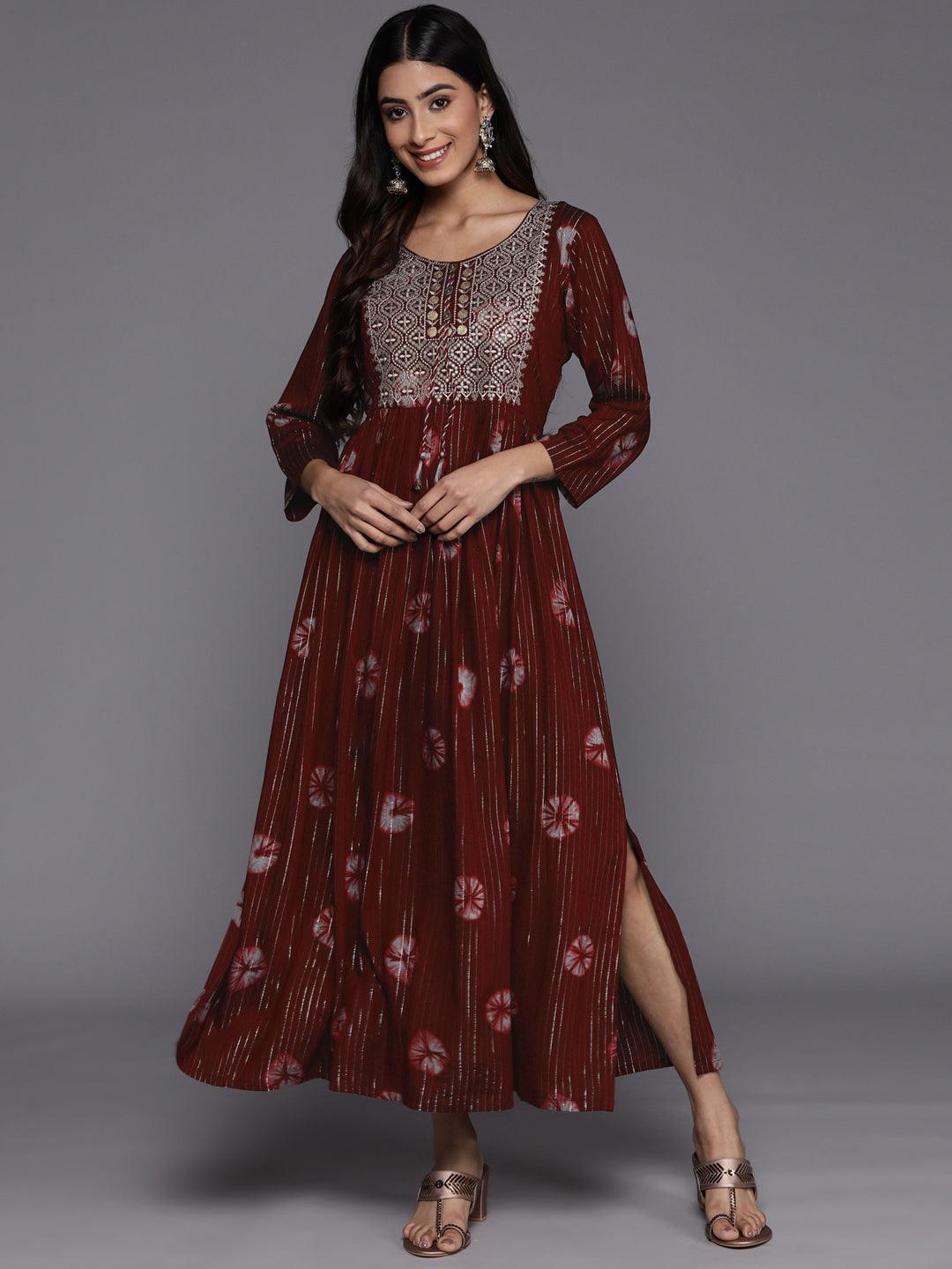 Maroon Printed Fit and Flare Rayon Dress Maroon Printed Fit and Flare Rayon Dress