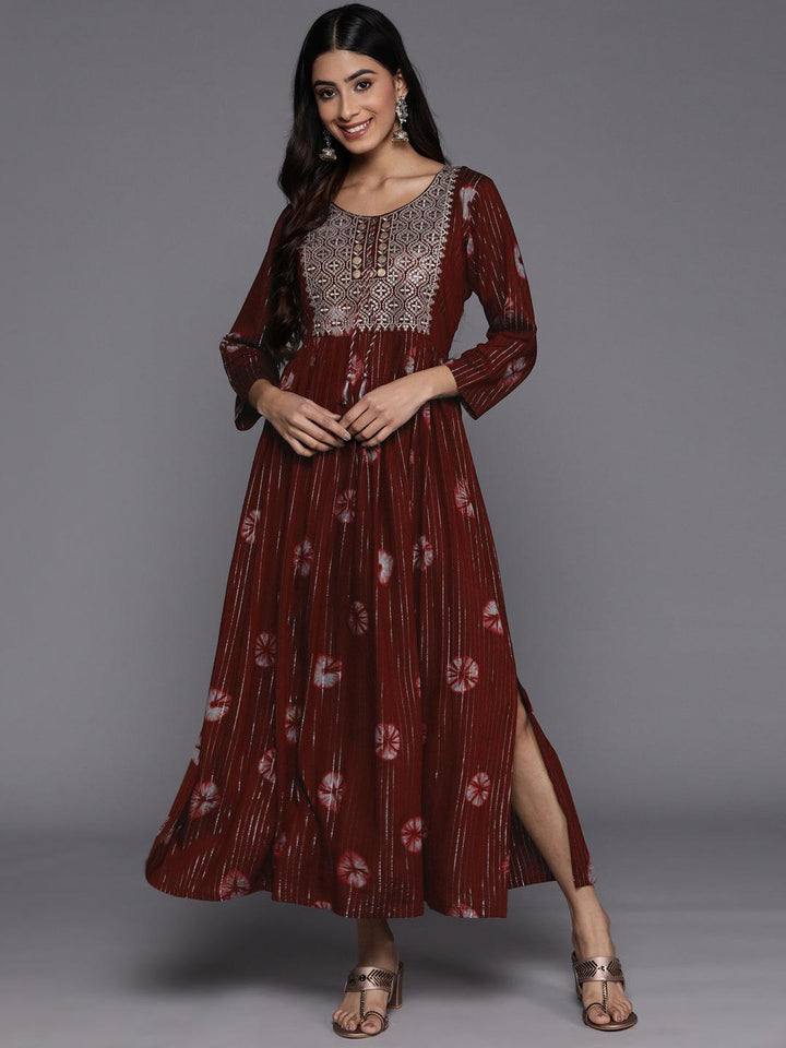 Maroon Printed Fit and Flare Rayon Dress