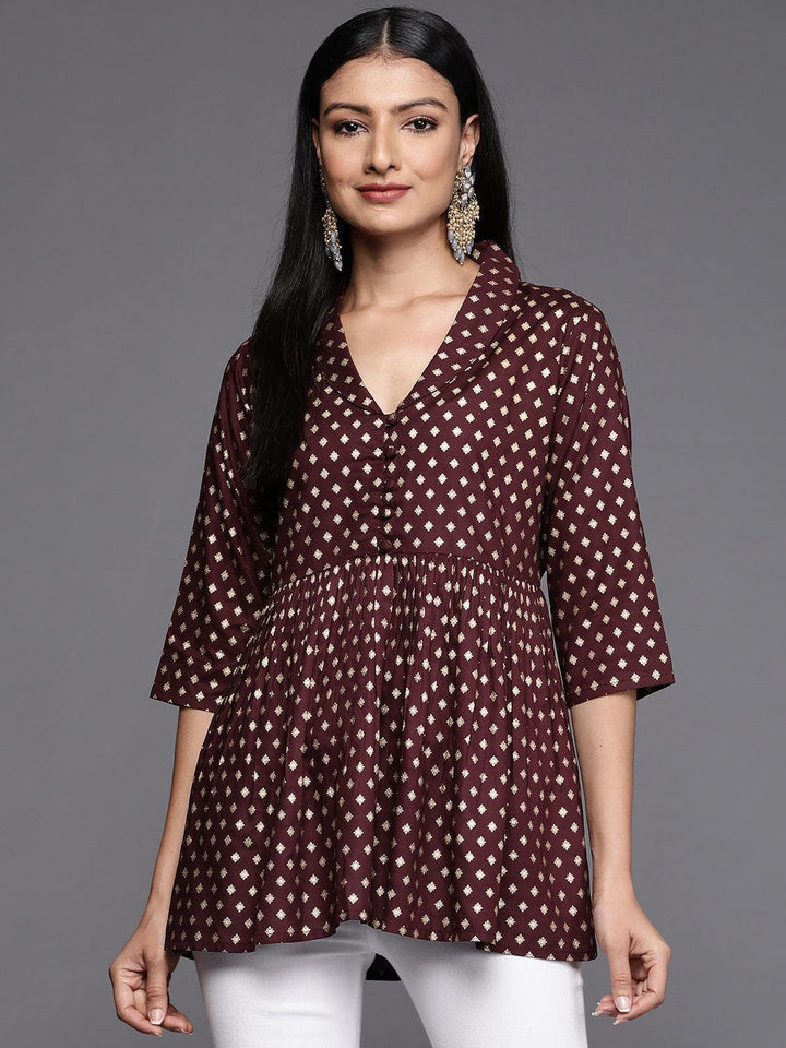 Maroon Printed Rayon A-Line Kurti