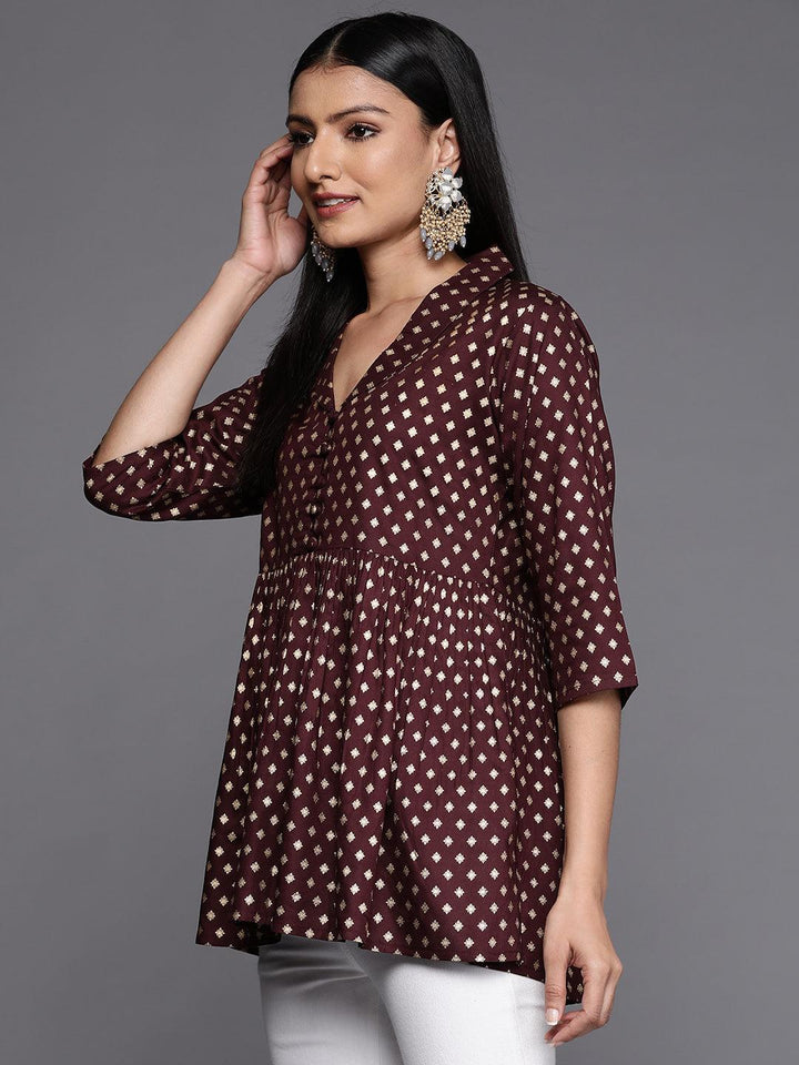 Maroon Printed Rayon A-Line Kurti
