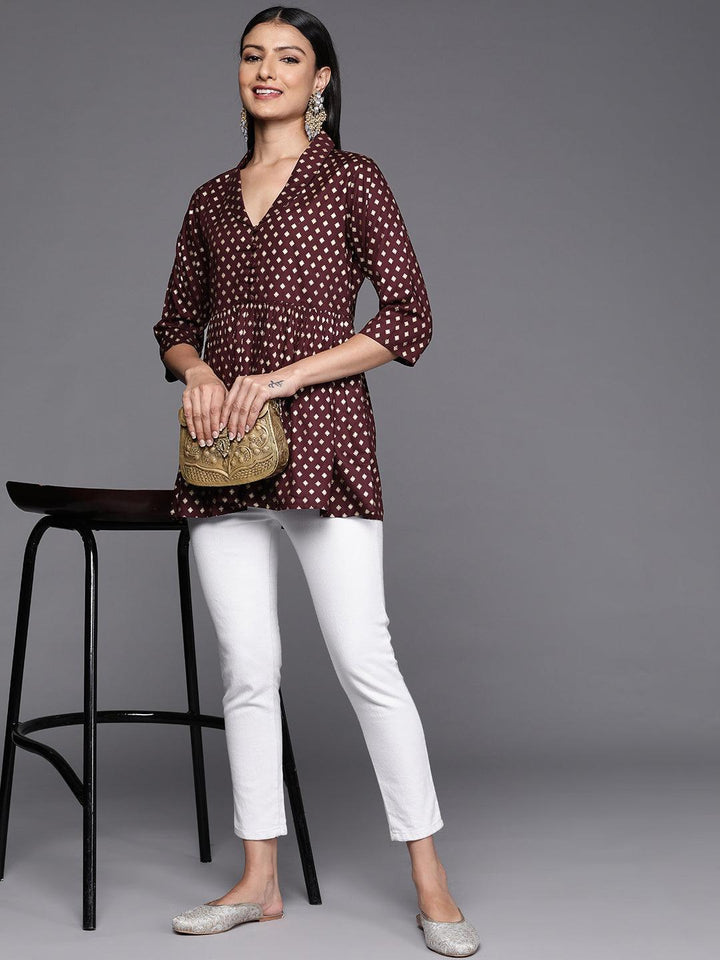 Maroon Printed Rayon A-Line Kurti