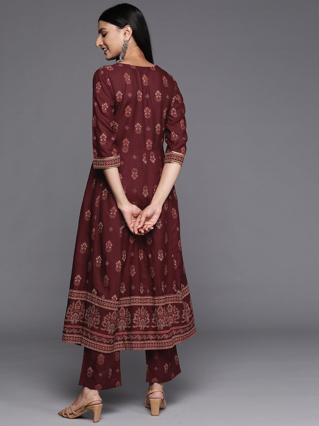 Maroon Printed Rayon Anarkali Kurta - Libas