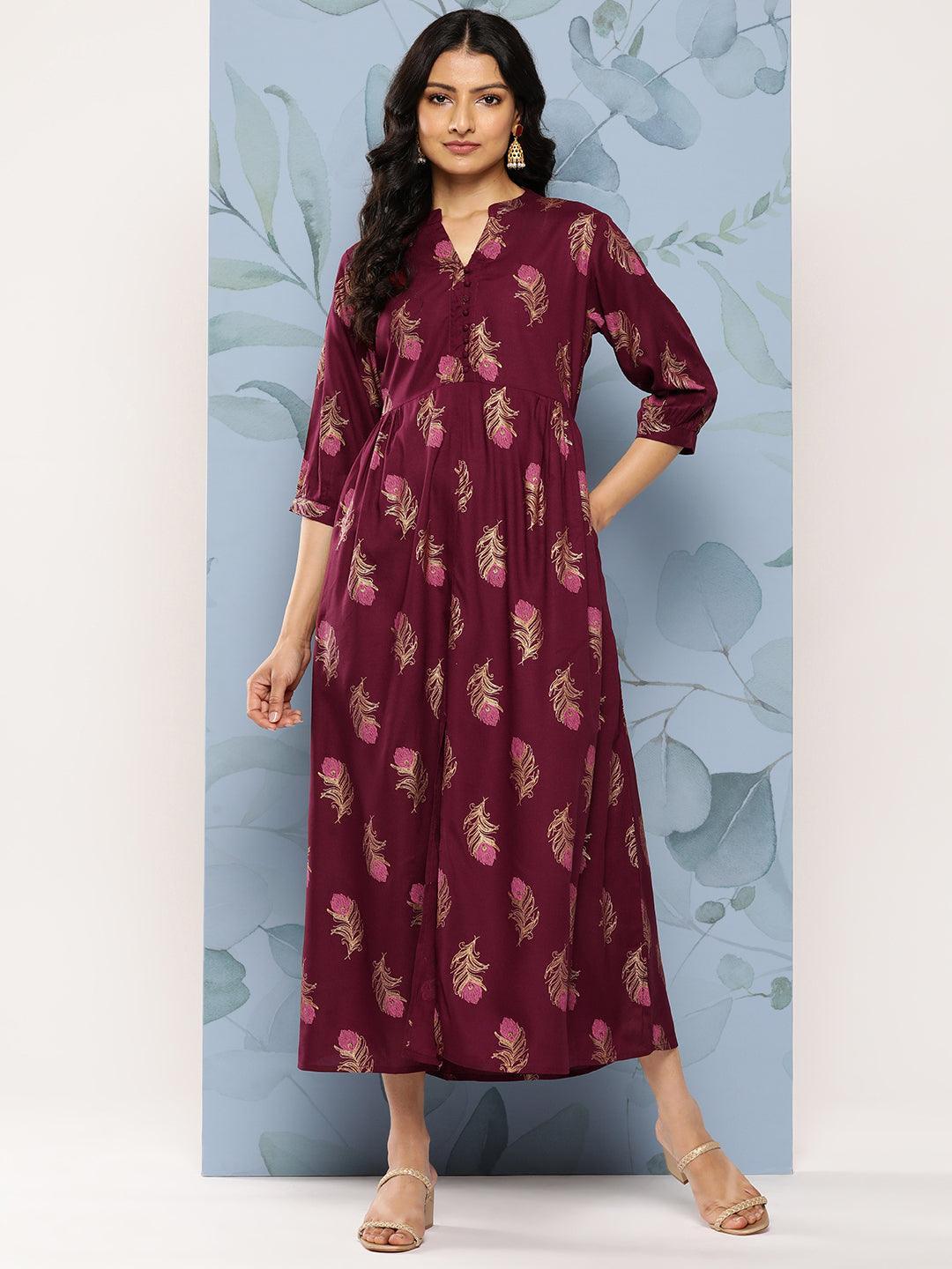 Buy Maroon Printed Rayon Fit and Flare Dress Online in USA at $19.00