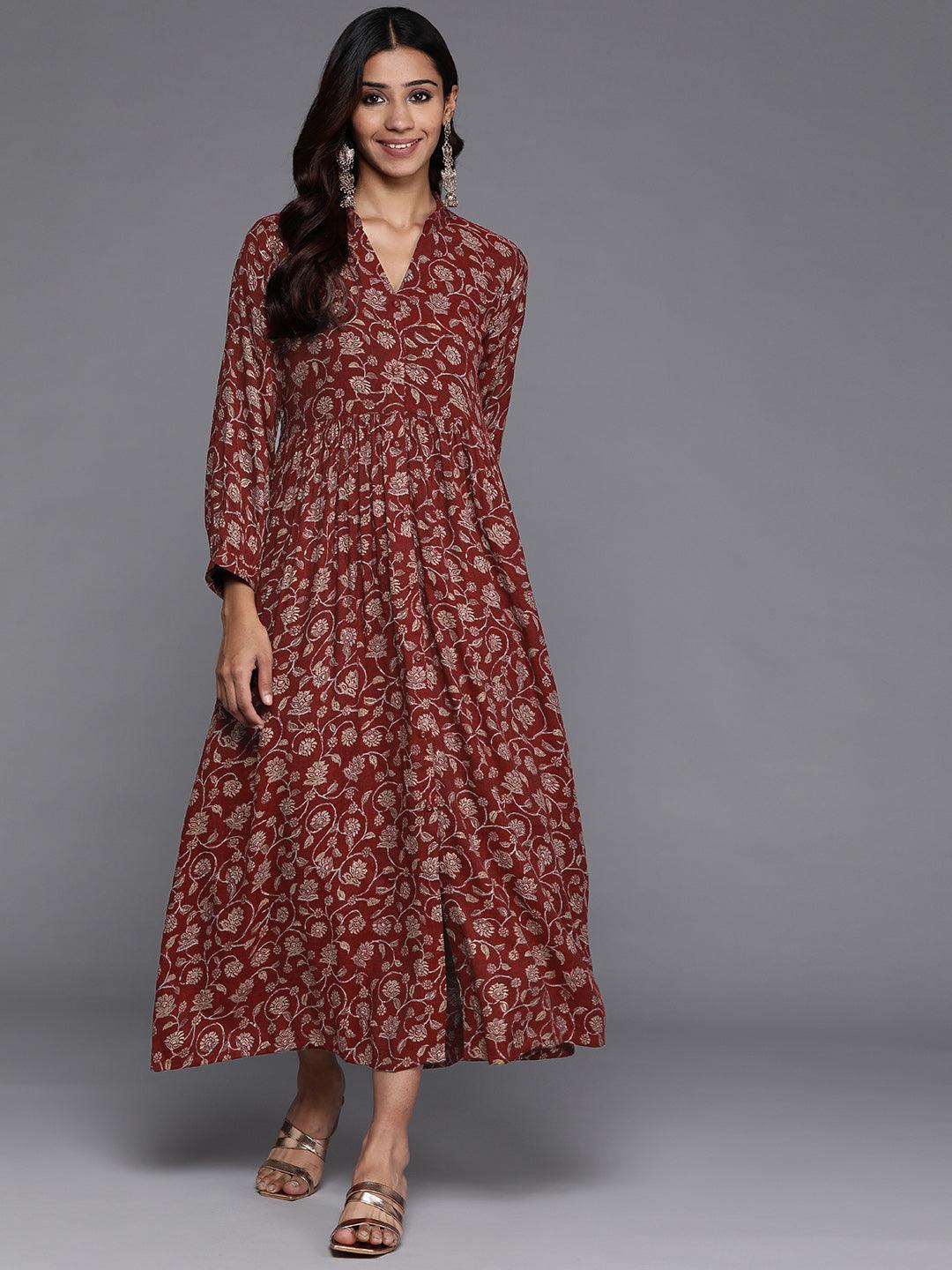 Maroon Printed Rayon Fit and Flare Dress - Libas