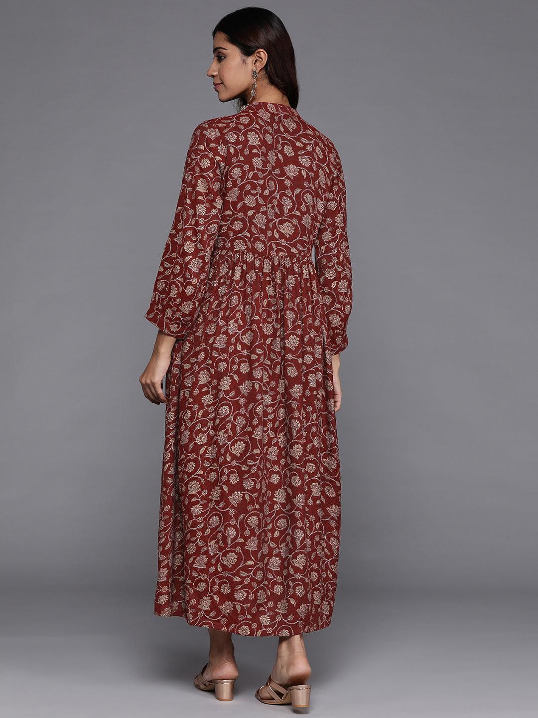 Maroon Printed Rayon Fit and Flare Dress - Libas