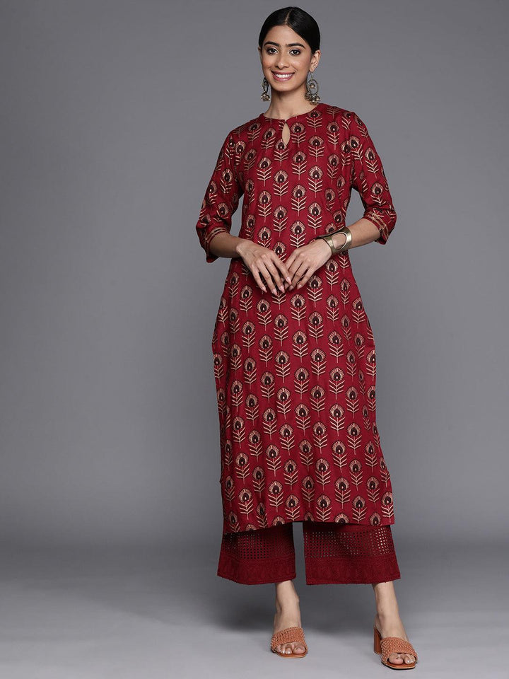 Maroon Printed Rayon Straight Kurta
