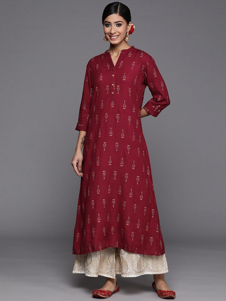Maroon Printed Rayon Straight Kurta
