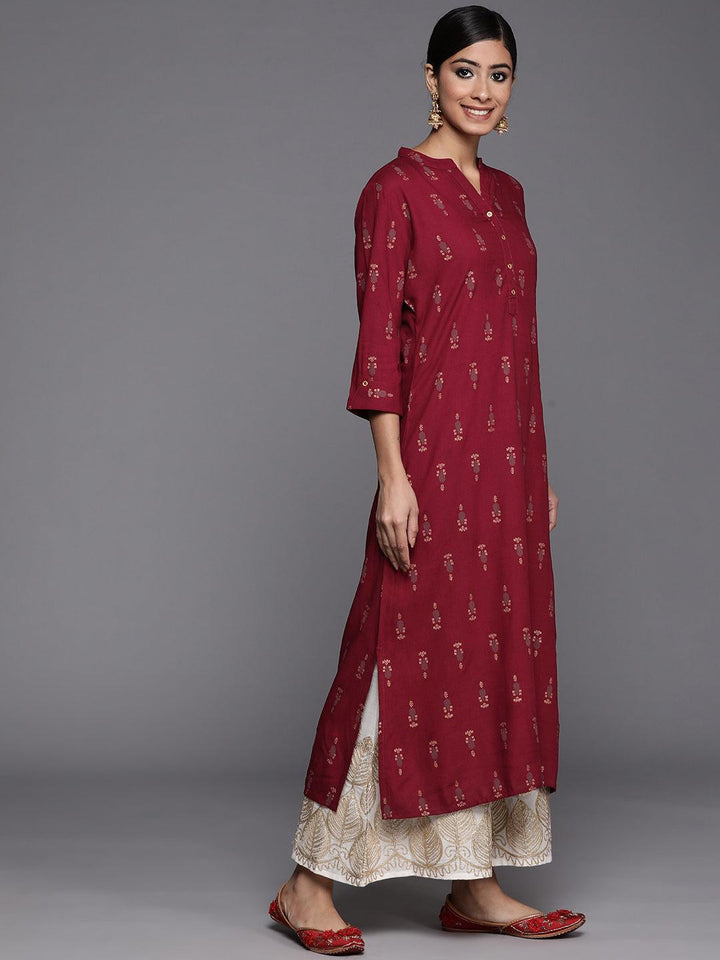 Maroon Printed Rayon Straight Kurta
