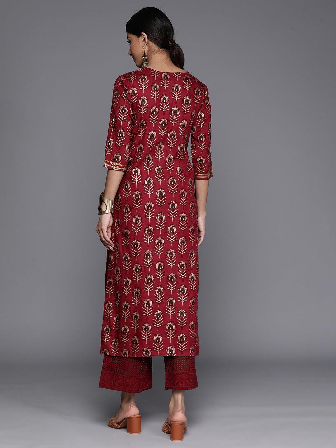 Maroon Printed Rayon Straight Kurta - ShopLibas