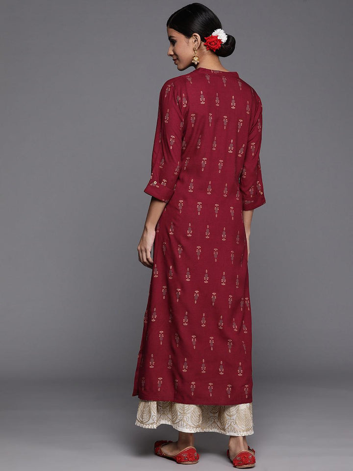 Maroon Printed Rayon Straight Kurta