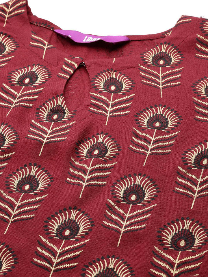 Maroon Printed Rayon Straight Kurta
