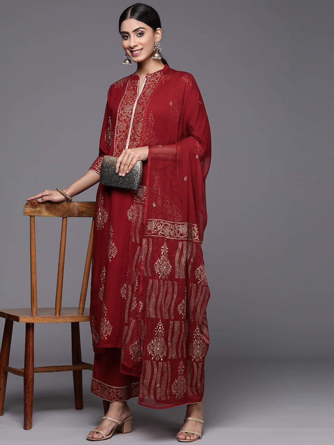 Maroon Printed Rayon Straight Kurta With Palazzos & Dupatta - Libas