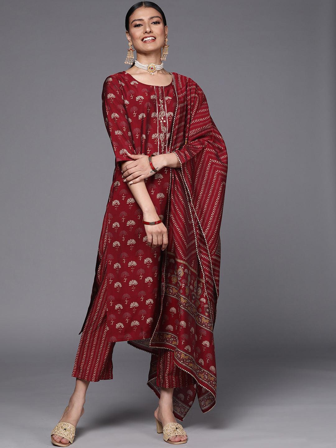 Maroon Printed Silk Blend Straight Suit Set - ShopLibas