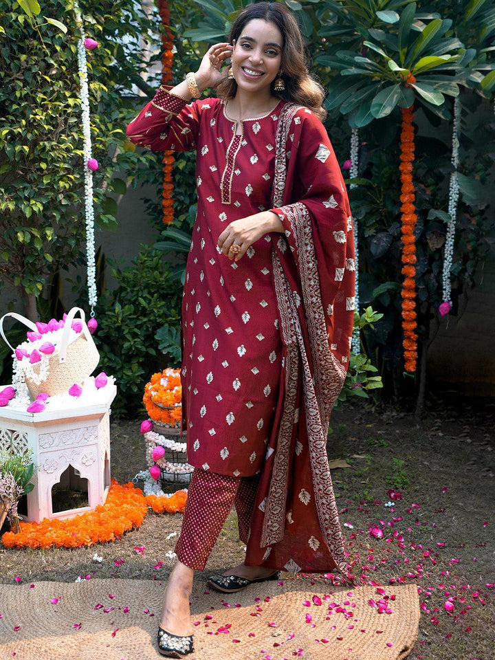 Maroon Printed Silk Blend Straight Suit Set