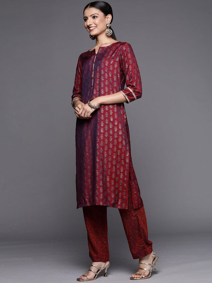 Maroon Printed Silk Blend Straight Suit Set