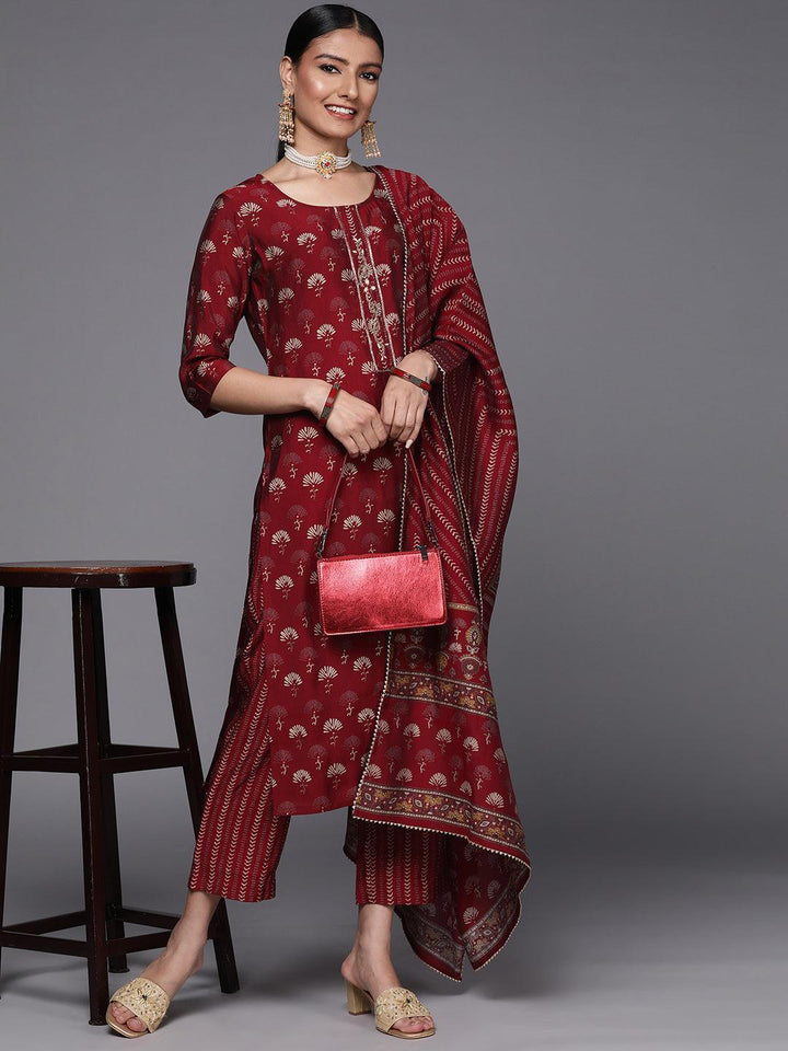 Maroon Printed Silk Blend Straight Suit Set