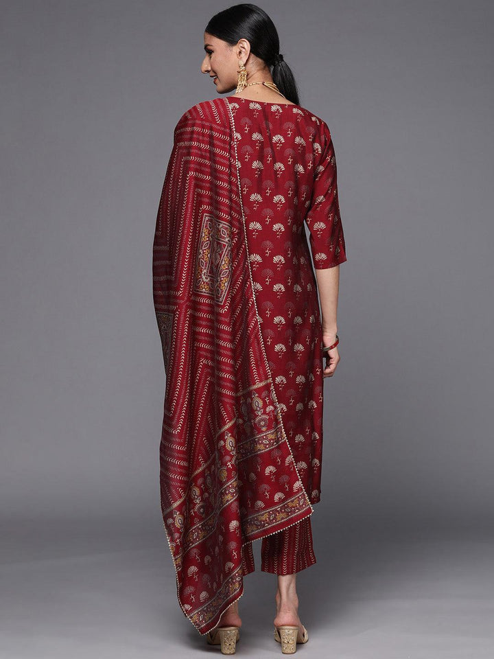 Maroon Printed Silk Blend Straight Suit Set