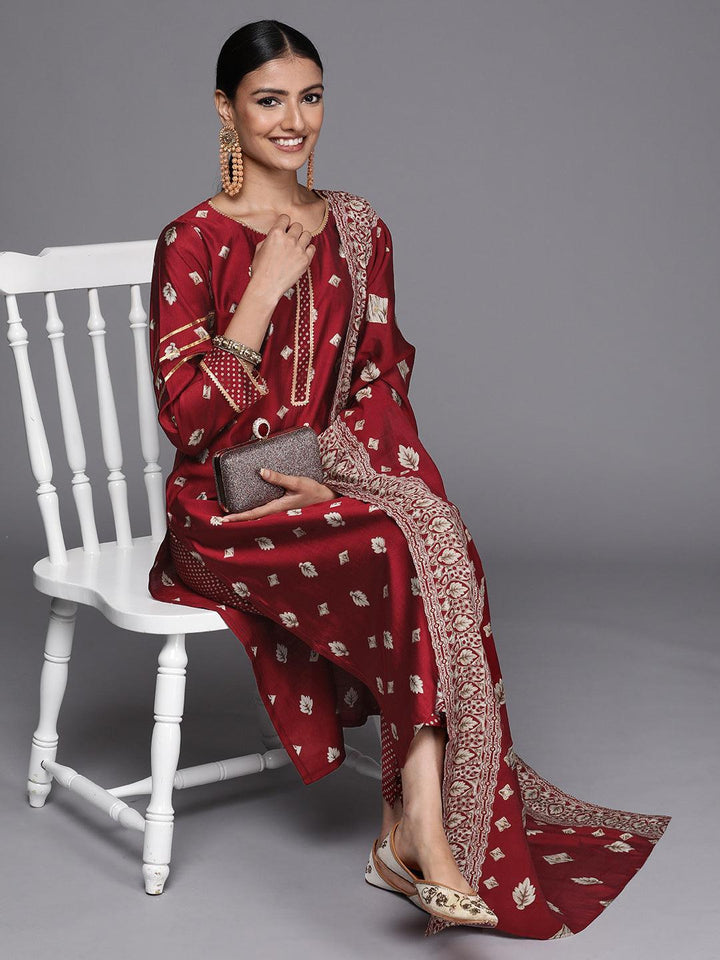 Maroon Printed Silk Blend Straight Suit Set