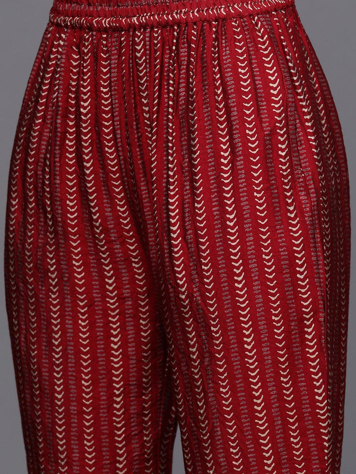 Maroon Printed Silk Blend Straight Suit Set