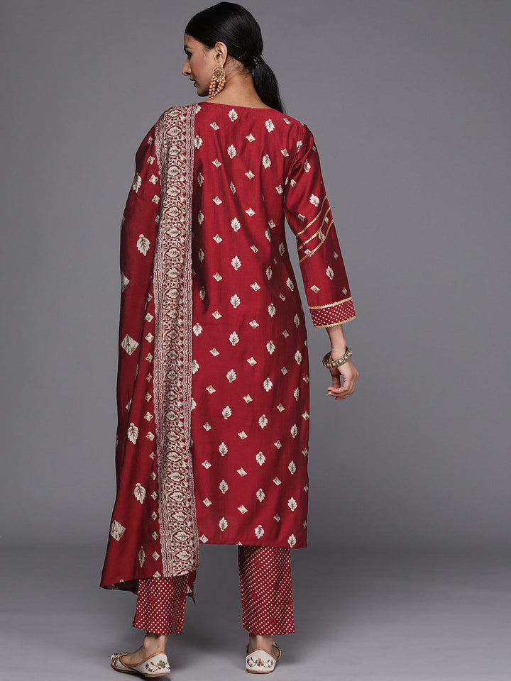 Maroon Printed Silk Blend Straight Suit Set