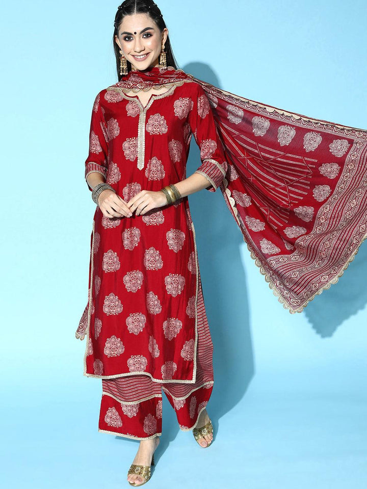 Maroon Printed Silk Blend Straight Suit Set
