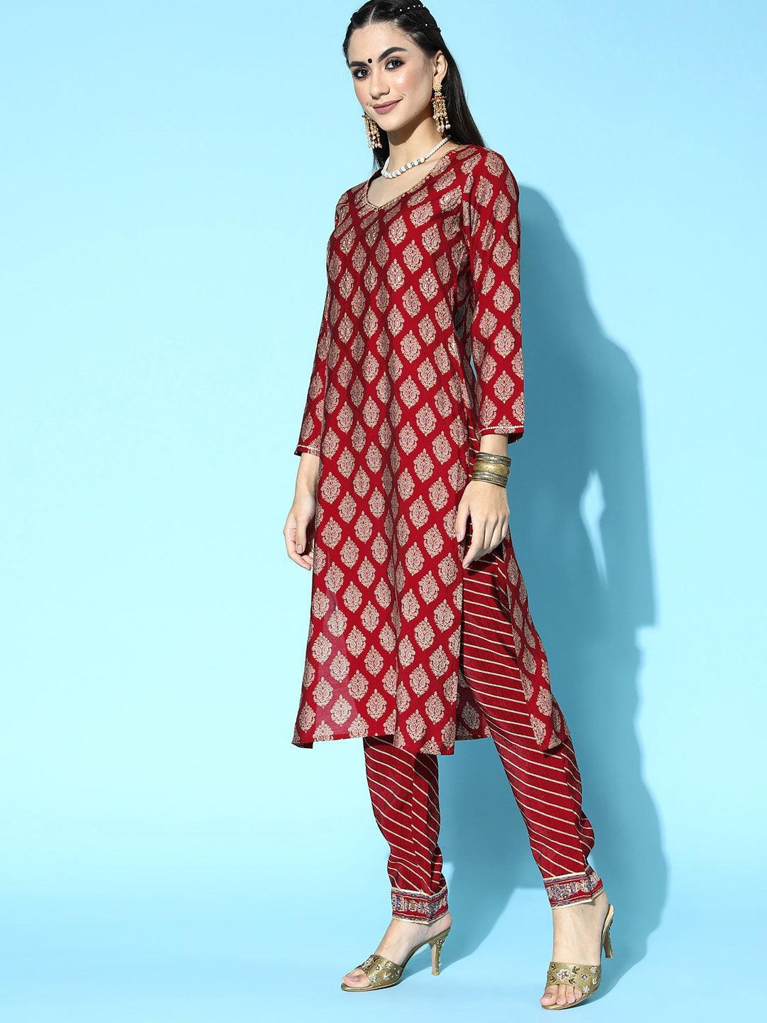 Maroon Printed Silk Blend Straight Suit Set - ShopLibas