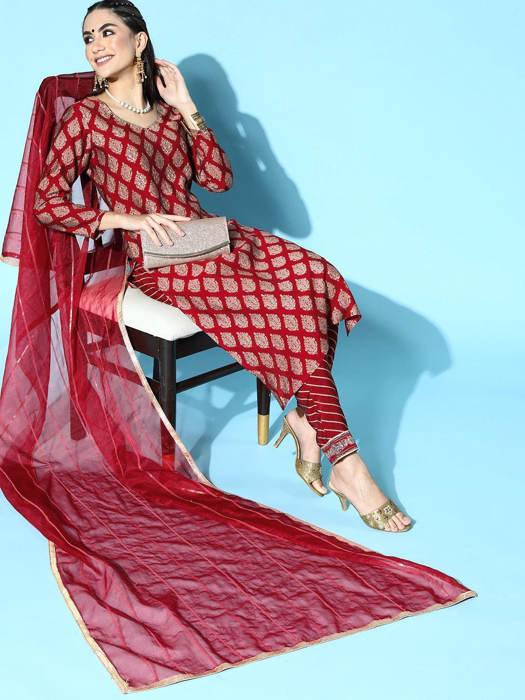 Maroon Printed Silk Blend Straight Suit Set - ShopLibas