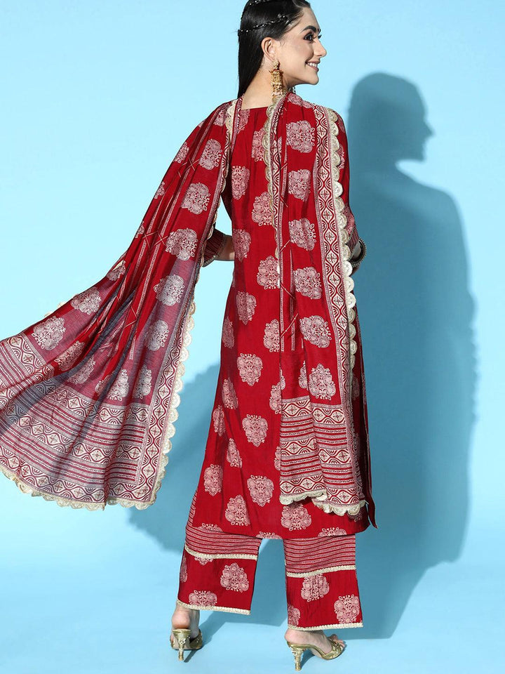 Maroon Printed Silk Blend Straight Suit Set