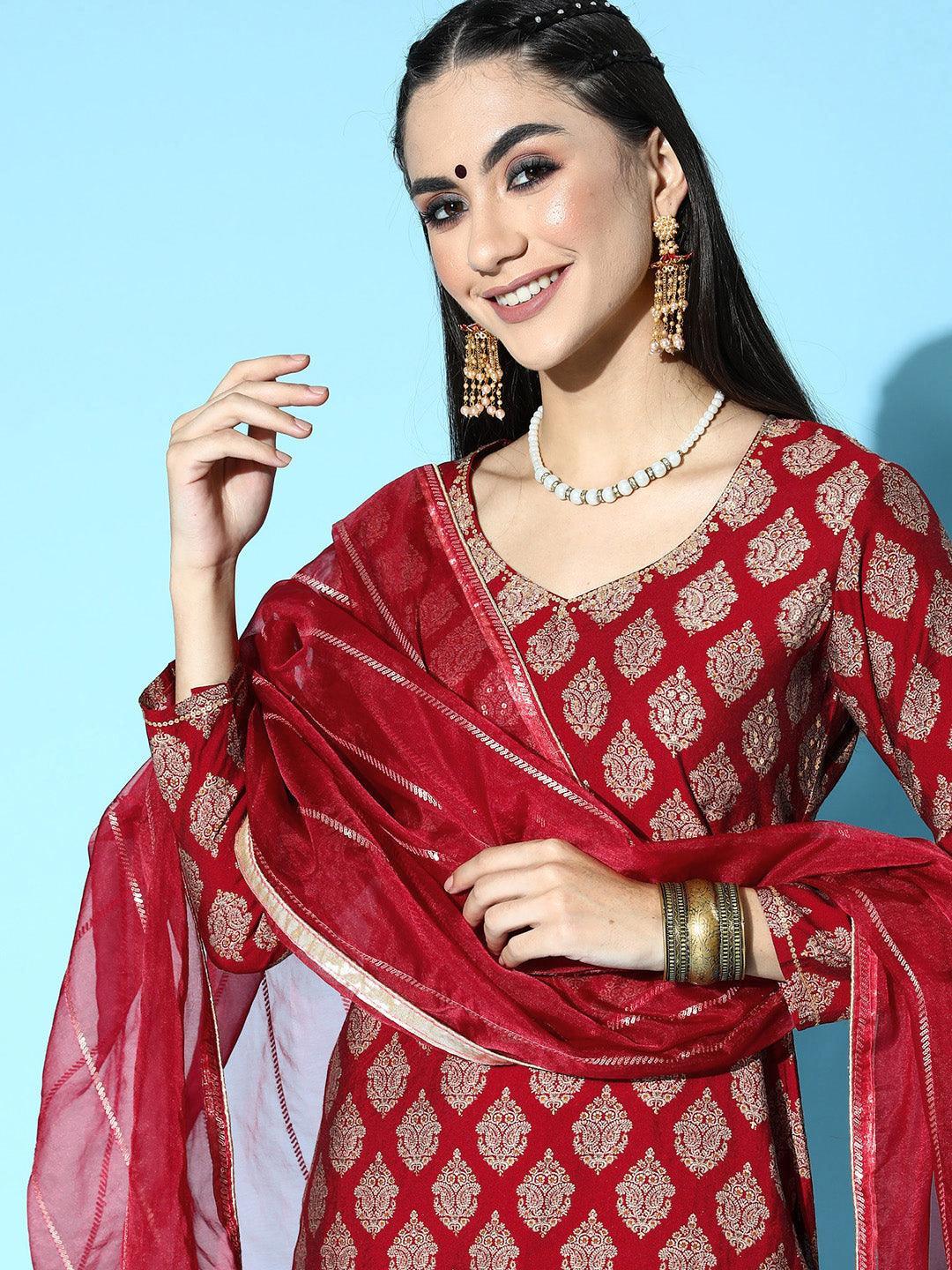 Maroon Printed Silk Blend Straight Suit Set - ShopLibas