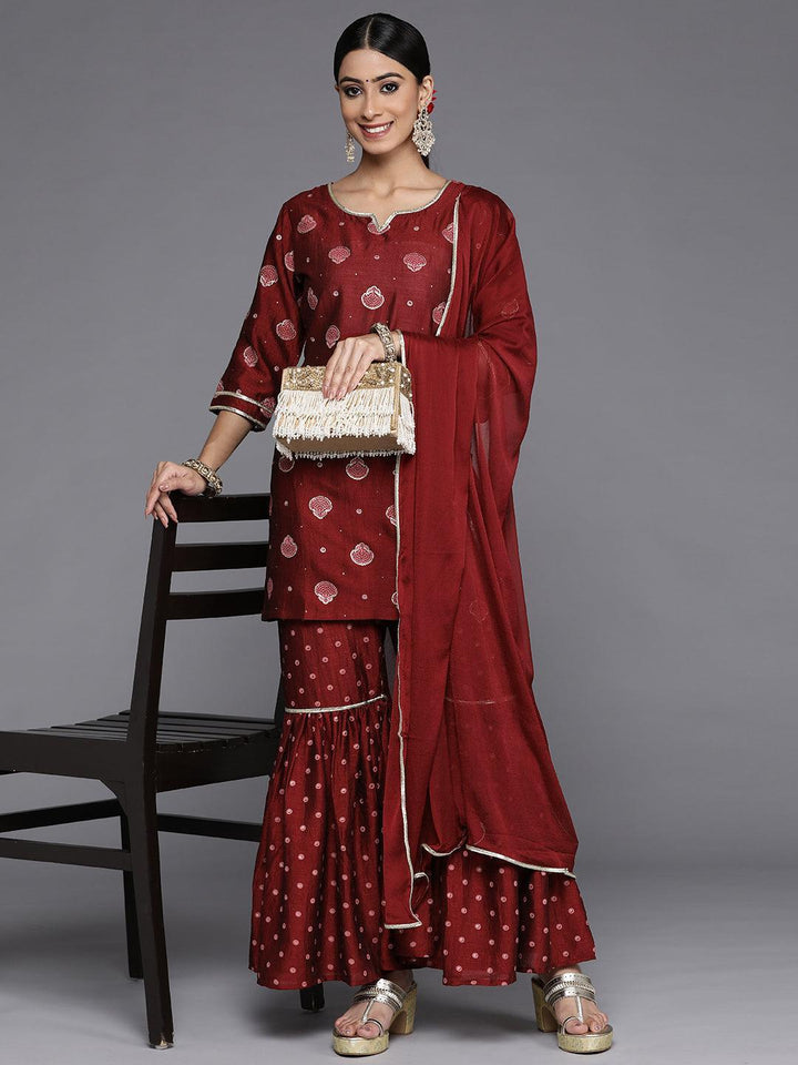 Maroon Printed Silk Blend Straight Kurta With Sharara & Dupatta