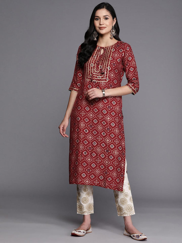 Maroon Printed Silk Straight Kurta