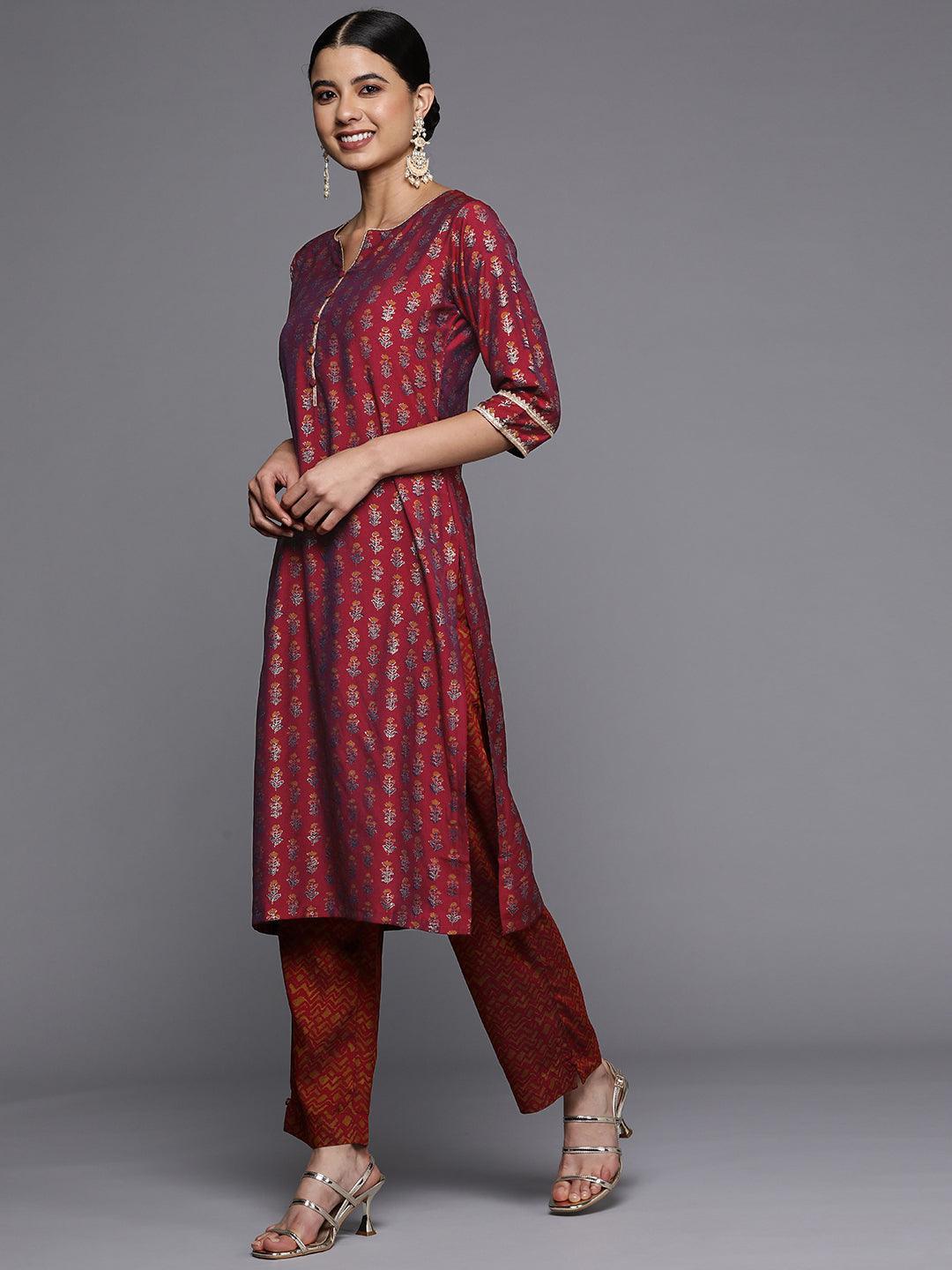 Maroon Printed Silk Straight Kurta - ShopLibas