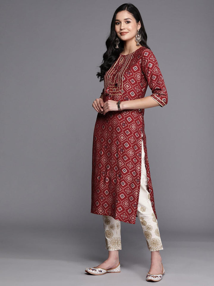 Maroon Printed Silk Straight Kurta
