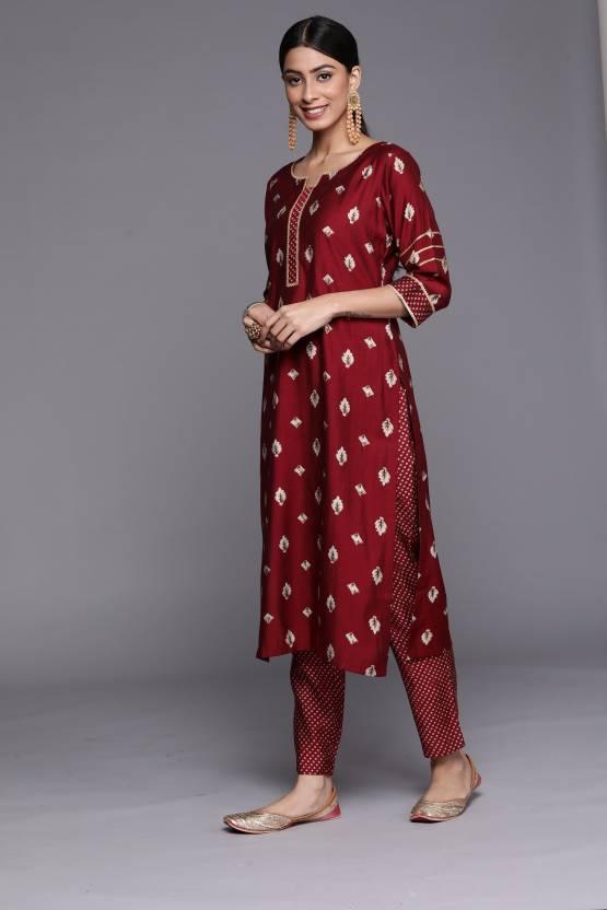 Maroon  Printed Silk Straight Kurta