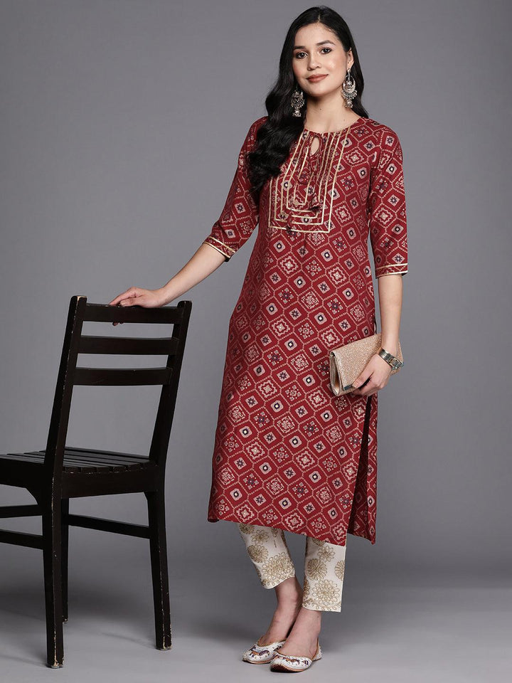 Maroon Printed Silk Straight Kurta