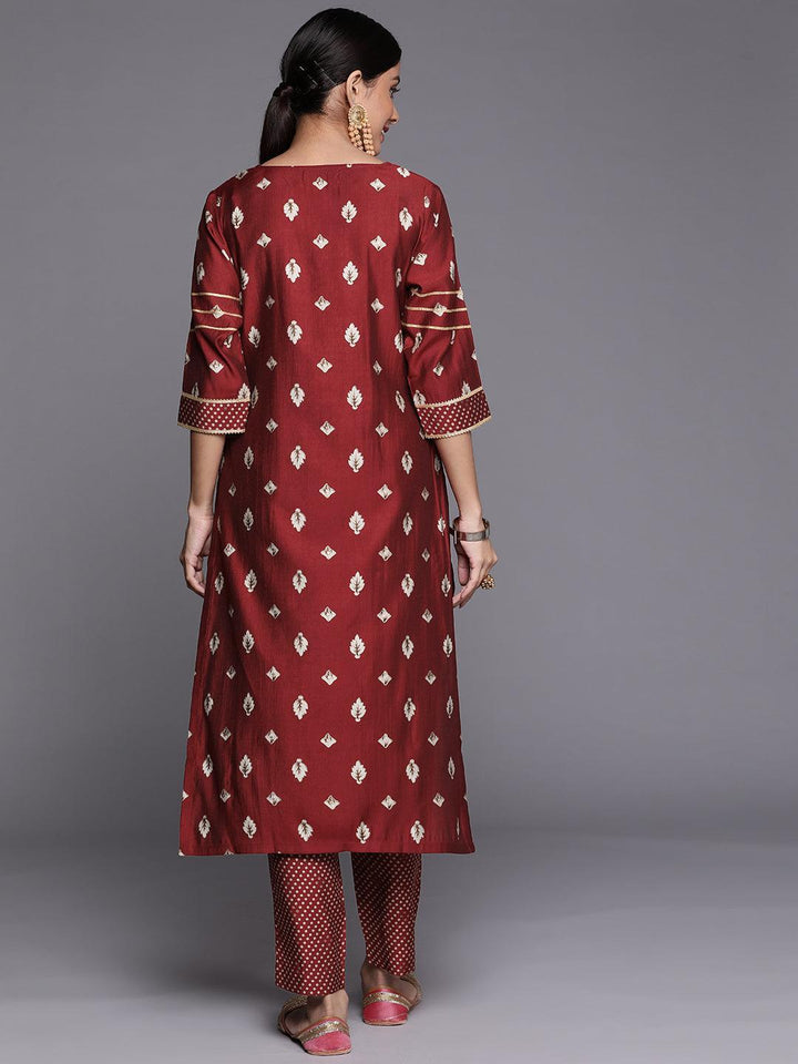 Maroon  Printed Silk Straight Kurta
