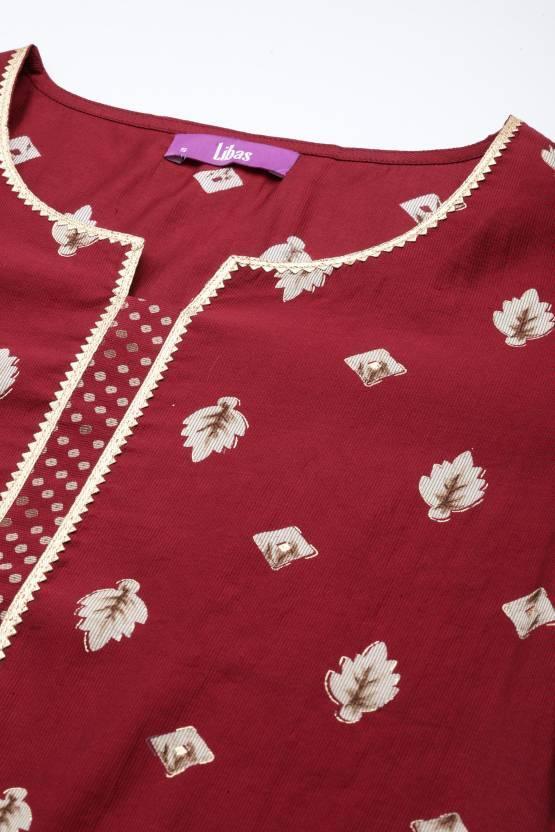 Maroon  Printed Silk Straight Kurta
