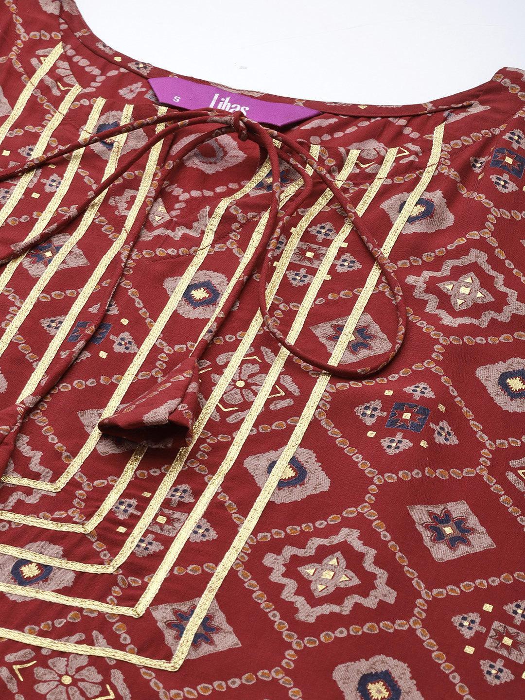 Maroon Printed Silk Straight Kurta - ShopLibas
