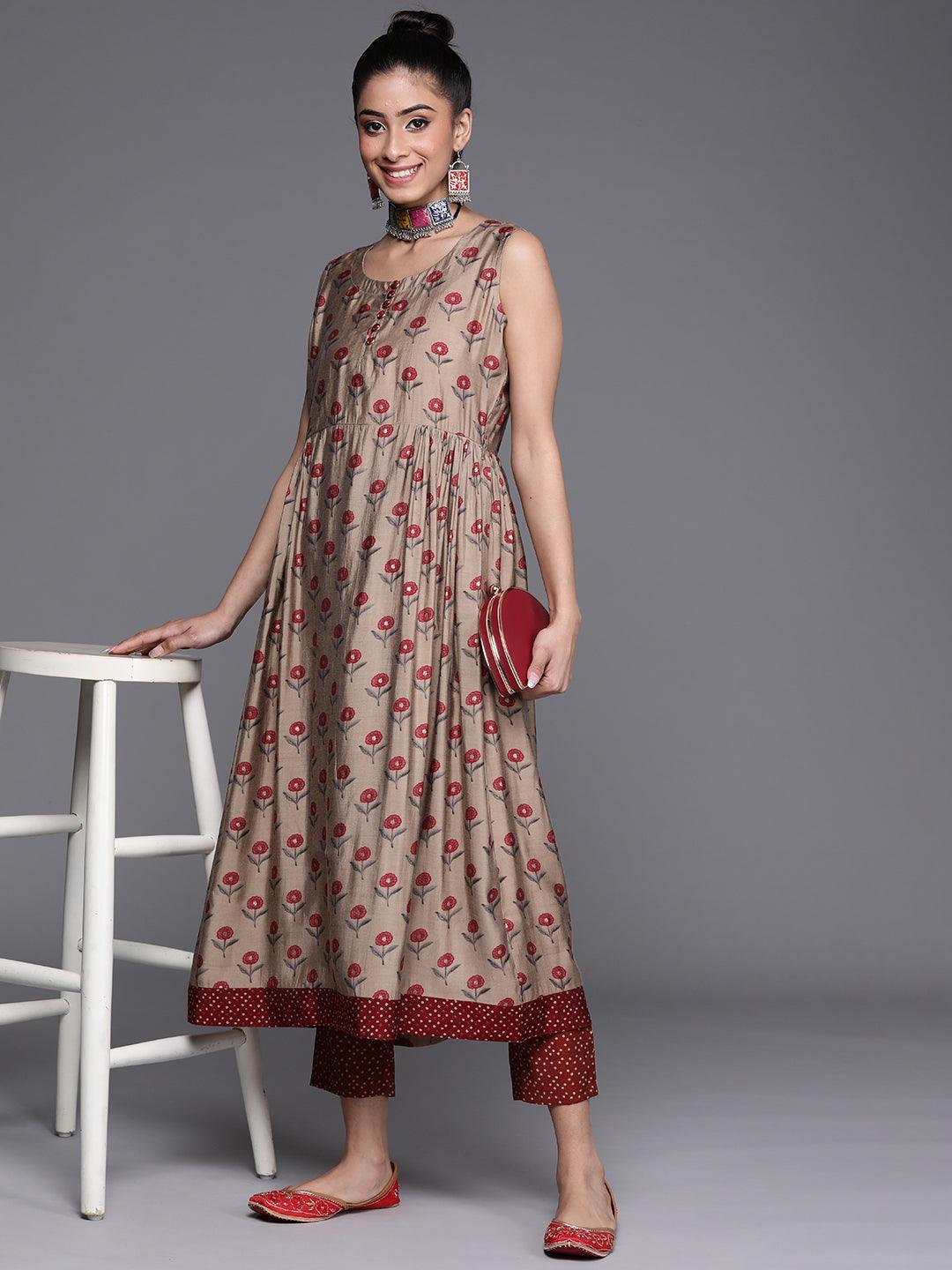 Maroon Printed Silk Trousers - ShopLibas