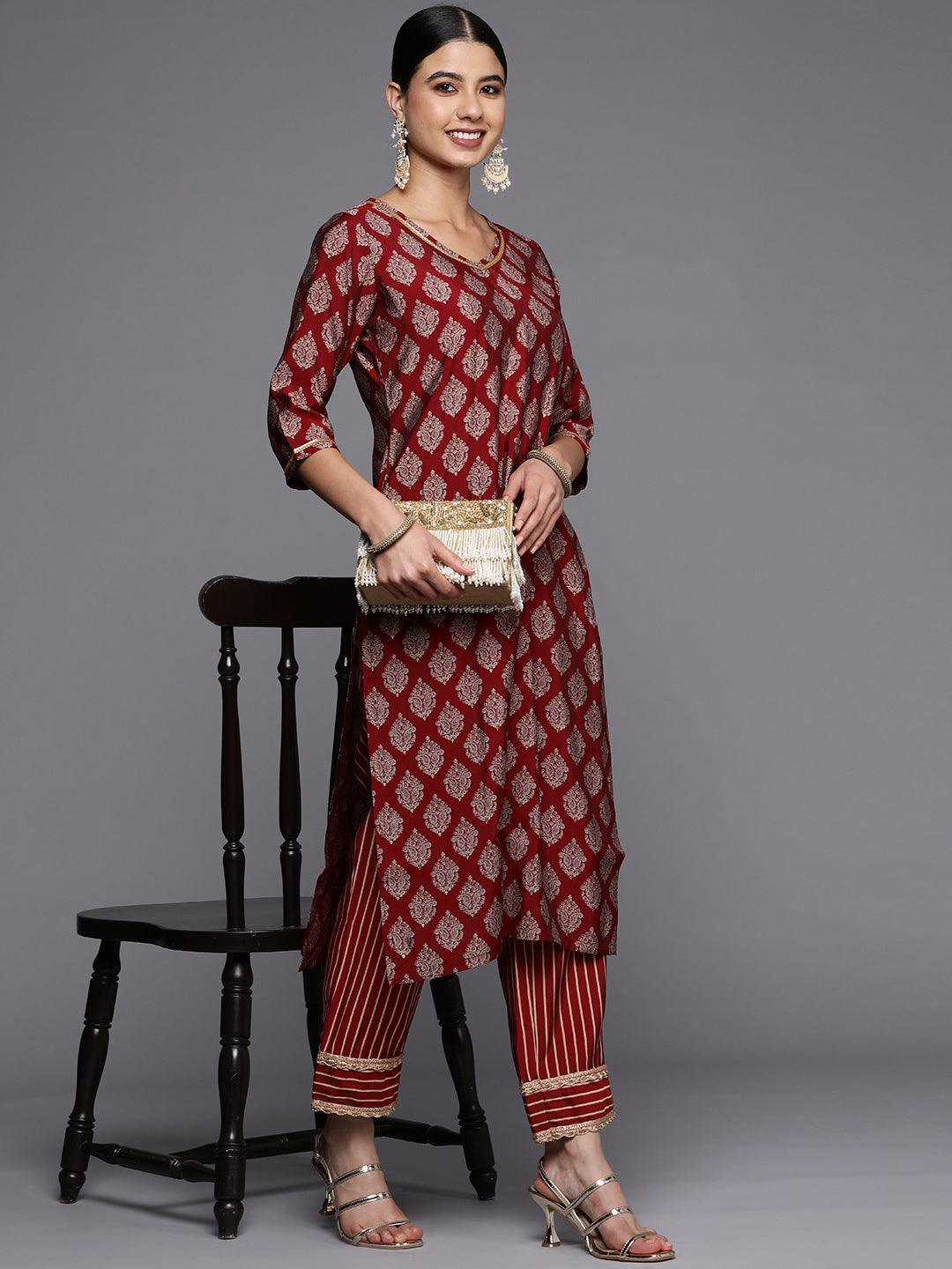 Maroon Printed Silk Trousers - ShopLibas