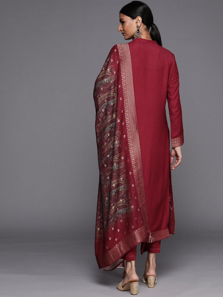 Maroon Self Design Pashmina Wool Straight Suit Set