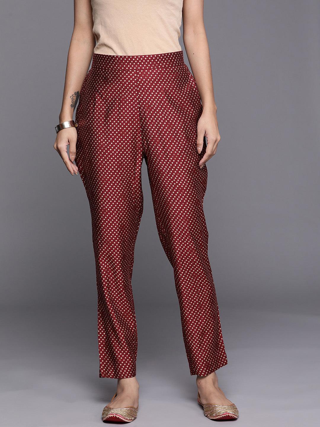 Maroon Self Design Silk Trousers - ShopLibas