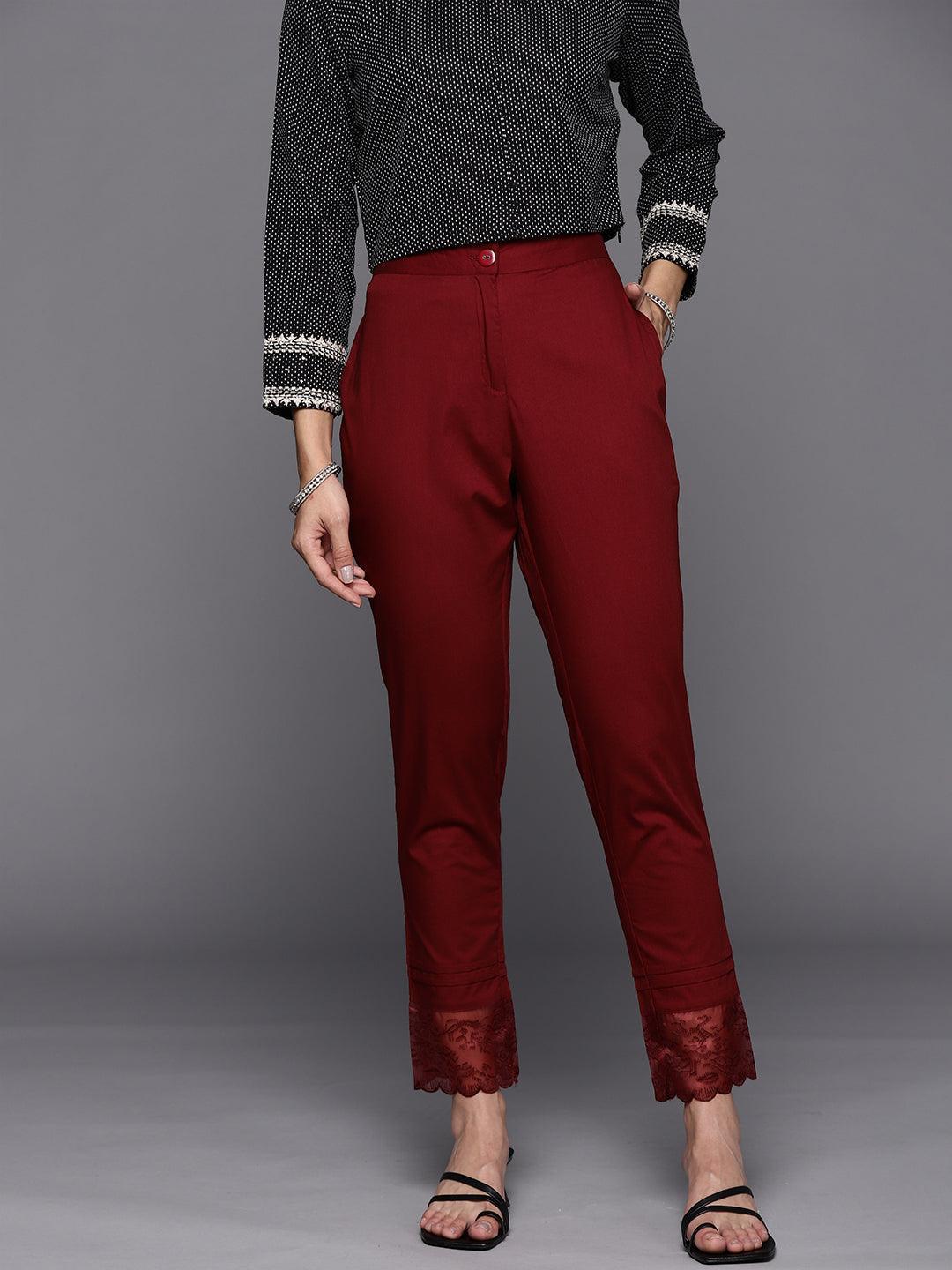 Maroon Solid Cotton Trousers - ShopLibas